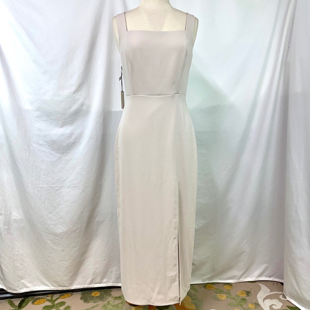 BABATON ARITZIA NEW 90's Slit Midi Dress Matte Pearl Size 10 Square Neck Neutral